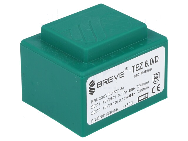 Transformator: ingegoten; 6VA; 230VAC; 18V; 18V; 166,6mA; 166,6mA Transformator: ingegoten; 6VA; 230VAC; 18V; 18V; 166,6mA; 166,6mA